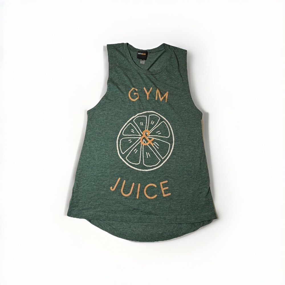 Fifth Sun Gym & Juice Tank Top Womens Small Green Graphic Sleeveless Casual